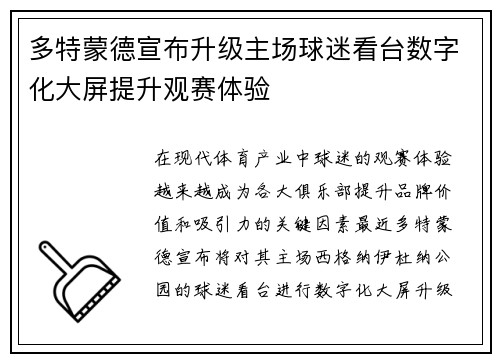 多特蒙德宣布升级主场球迷看台数字化大屏提升观赛体验