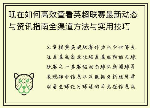 现在如何高效查看英超联赛最新动态与资讯指南全渠道方法与实用技巧 现在如何高效查看英超联赛最新动态与资讯指南全渠道方法与实用技巧